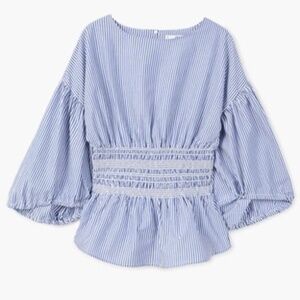 MANGO Blue Puff Sleeve Top M | Lightweight Cotton Pinstripe